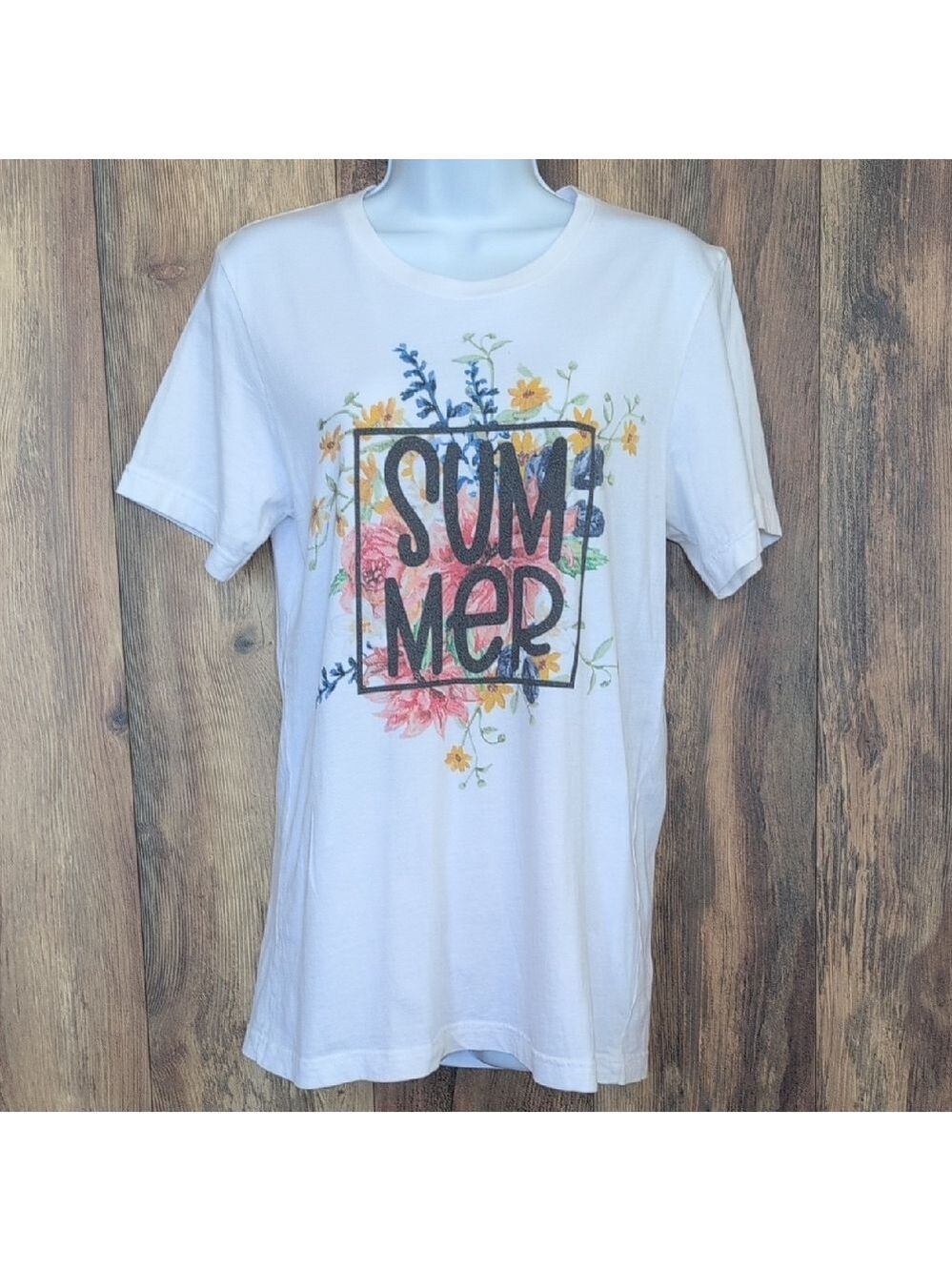 White Floral Graphic 'summer' T-Shirt Tee M L139